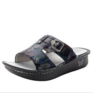Alegria KASHA Spring Formal Black Purple Floral Slide Support Sandals